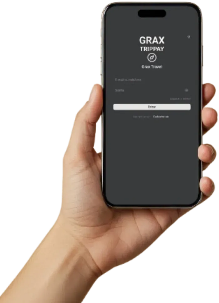 Mão segurando o celular com o app GRAX